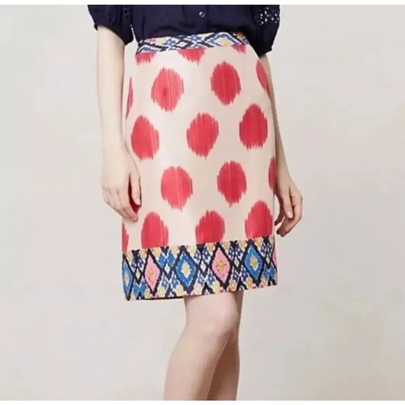 Maeve Anthropologie Pink Polka Dots Embroidered Silk Pencil Skirt Size 4 - Picture 1 of 7